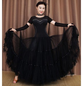Black short sleeves with gloves rhinestones competition long length full skirted professional ballroom waltz tango dancing dresses outfits